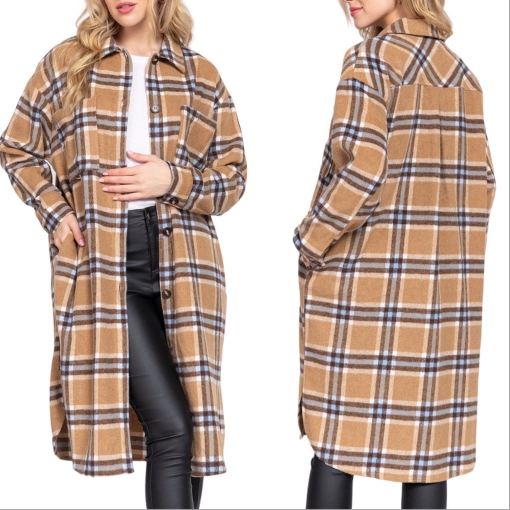 WOOL PLAID LONG SHACKET - TAUPE LIGHT BLUE - Picture 3 of 4